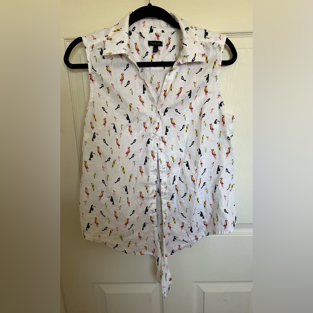 Talbots Blouse White with tropical birds pattern Size L